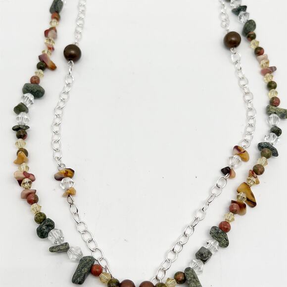 Handmade Double Strand Beaded Chain Necklace With Natural Pendant Hand Crafted - Picture 4 of 4